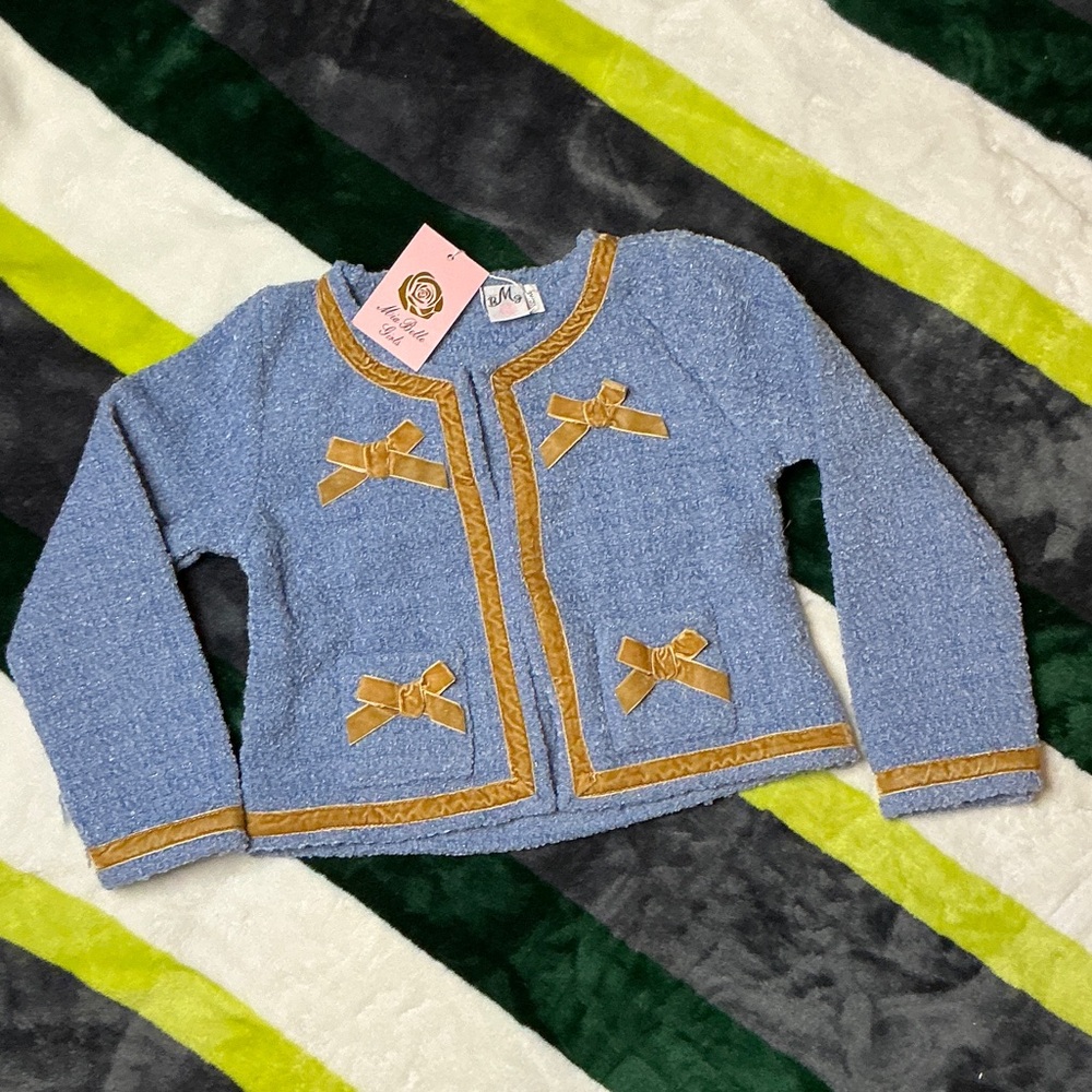 Charming Kids Blue Sweater with Tan Bows Size 7/8